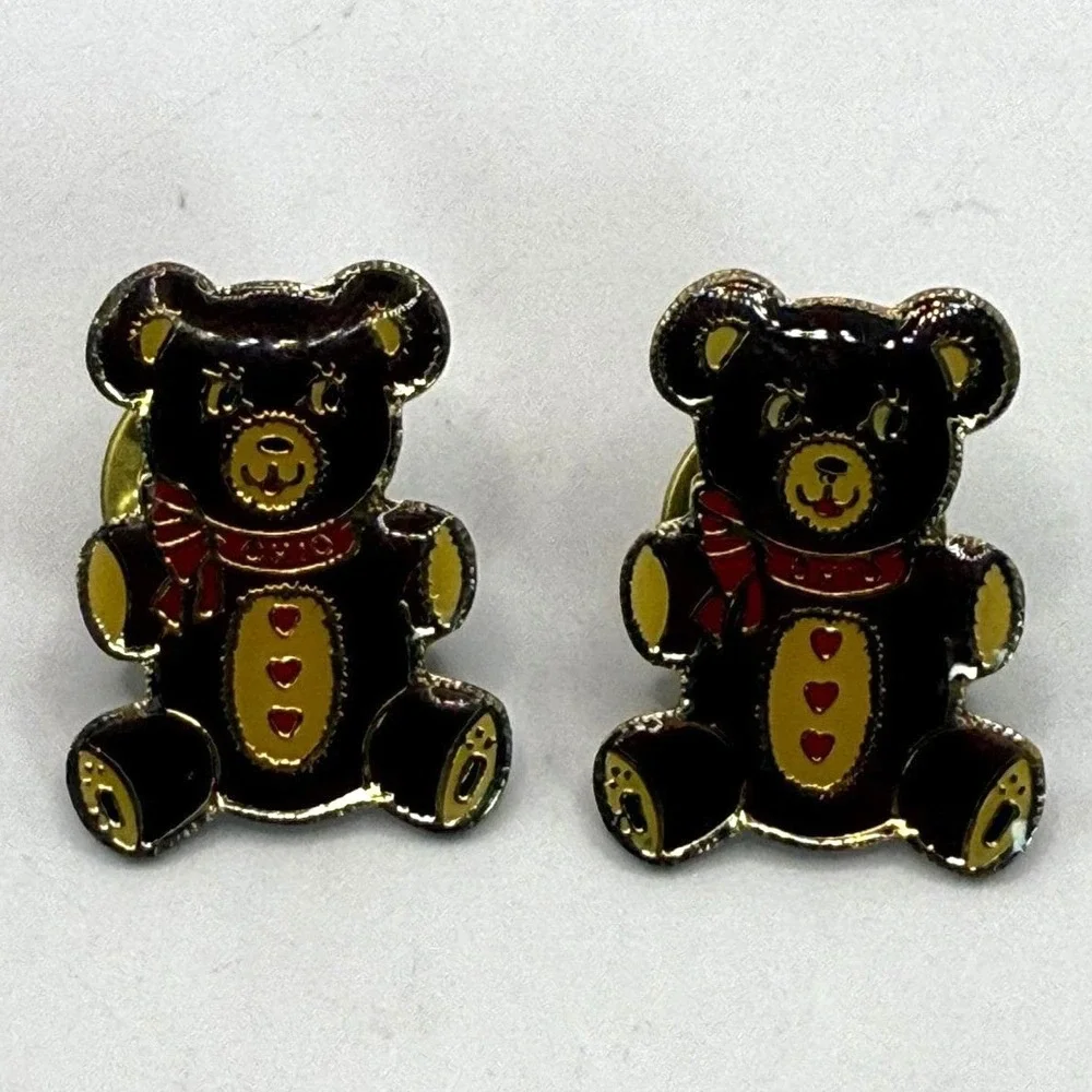 Vintage Ohio Teddy Bear Enamel Pin Set of 2 – Gold Tone Black Red Heart Bears